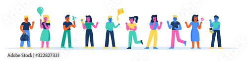 Horizontal banner with happy kindergarten children playing with toys. Bundle of funny primary or elementary school kids, pupils, schoolmates or classmates. Modern flat cartoon vector illustration.