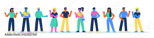 Horizontal banner with youngsters or teenage boys and girls talking to each other. Collection of college students, pupils or adolescents having conversation. Modern flat cartoon vector illustration.