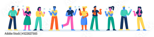 Horizontal banner with happy people using smartphones. Set of funny men and women communicating via cellphones, surfing internet on mobile phones or texting. Modern flat cartoon vector illustration.