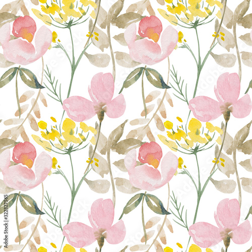 Spring watercolor seamless pattern botanical wildflowers. Background banner.