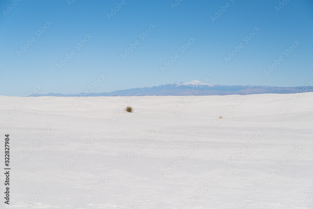 A snow capped mountain peak in the background of White Sands in New Mexico. A snow capped mountain peak in the background of White Sands in New Mexico.