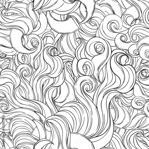 Natural texture. Decorative hand drawn doodle ornamental curly seamless pattern. Vector endless background. Stormy sea line art drawing. Splash ocean, clouds or hair.