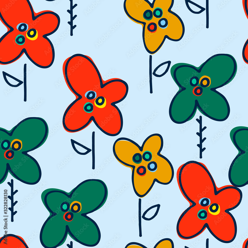 Seamless pattern with hand drawn multicolored abstract flowers on pale gray background in Scandinavian style Seamless pattern with hand drawn multicolored abstract flowers on pale gray background in Scandinavian style