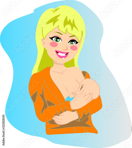 Young beautiful blonde mother woman breastfeeding baby boy, wearing shirt