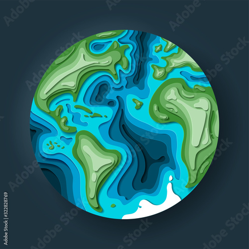 Planet earth in 3d paper cut style. World globe in space. Eco friendly concept for logotype. Vector illustration. Earth day illustration, save mother earth. #322828769