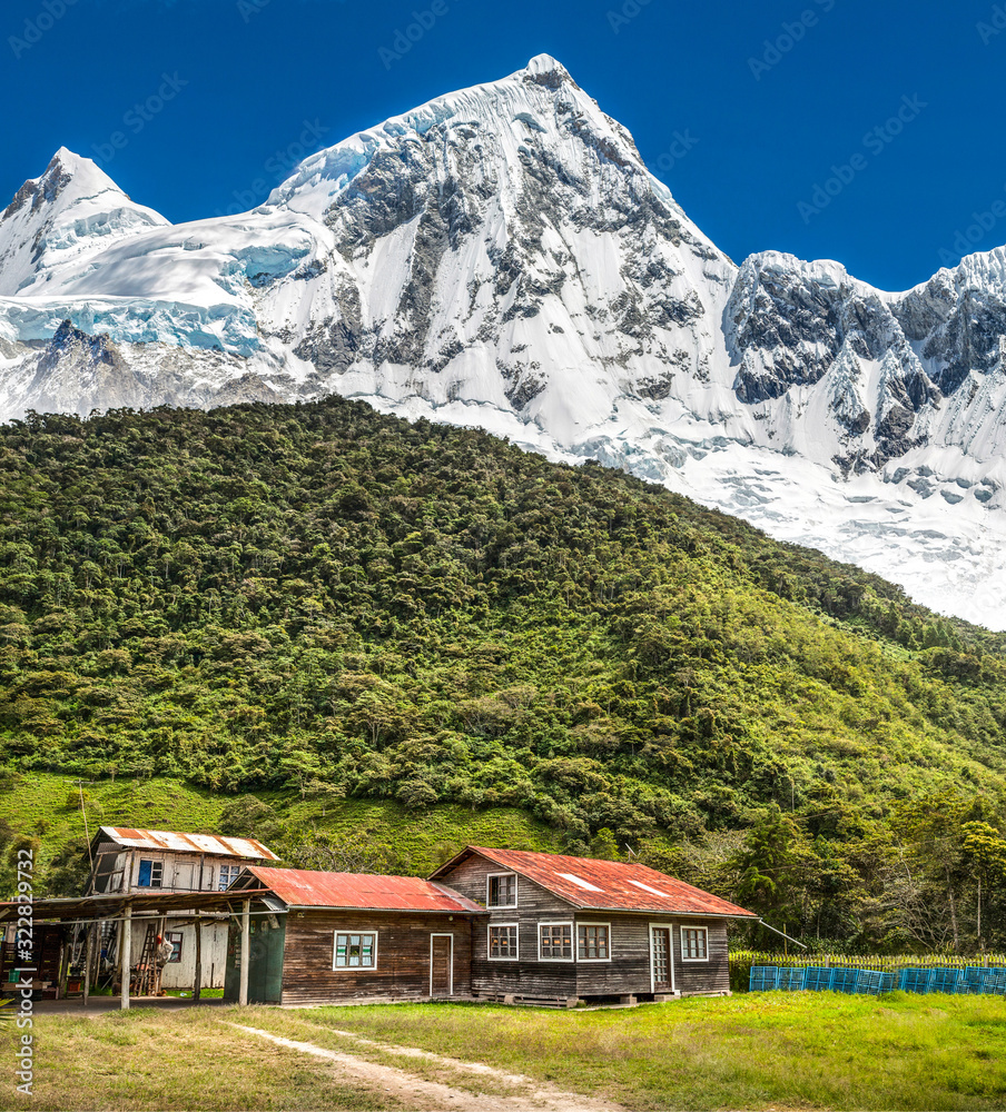 A farm with snow big mountain as background.