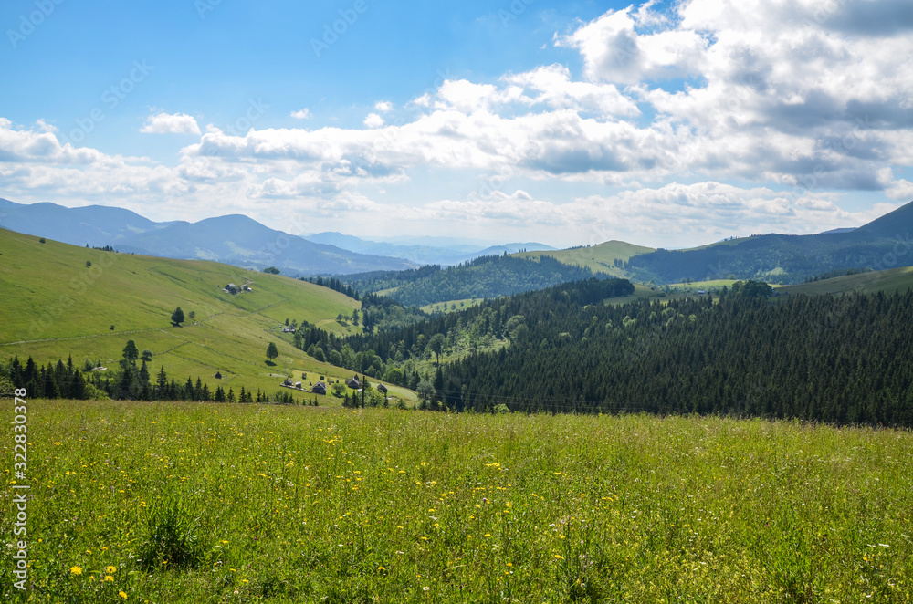 A view of the Carpathian Mountains, beautiful scenery, several houses on the slopes of the hills, beautiful clouds. Ukraine, Europe, Carpathian Mountains