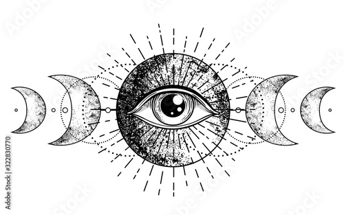 Eye of Providence. Masonic symbol. All seeing eye inside triple moon pagan Wicca moon goddess symbol. Vector illustration. Tattoo, astrology, alchemy, boho and magic symbol. Coloring book.