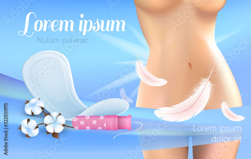 Banner Advertising Cotton Hygienic Products for Woman. Realistic Vector 3d Pad without Wings for Everyday or Light Blood Flow, Tampon with Applicator, Female Body Covered Feather Illustration