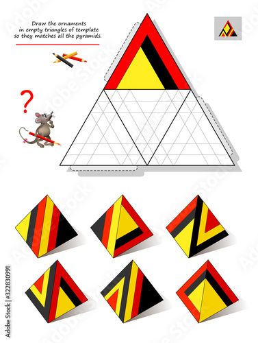 Logic puzzle game for children and adults. Draw the ornaments in empty triangles of template so they matches all the pyramids. Printable page for brain teaser book. Developing spatial thinking skills.