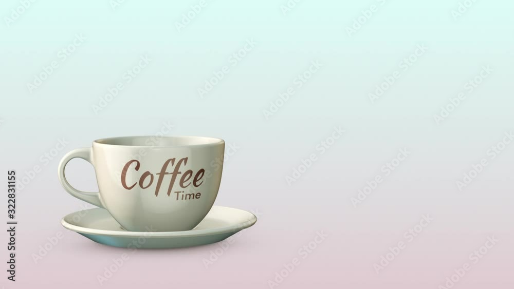 cup of coffee that comes in from the right side of the screen, label with text: coffee time, copy space (3d render) cup of coffee that comes in from the right side of the screen, label with text: coffee time, copy space (3d render)