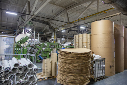 Industrial workshop of the Lambumiz plant. Production of laminated cardboard food packaging. Moscow, Russia
