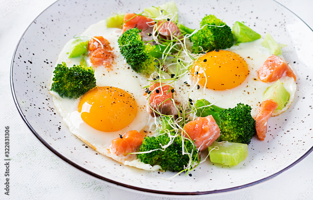 Ketogenic/paleo diet. Fried eggs, salmon, broccoli and microgreen. Keto breakfast. Brunch. Ketogenic/paleo diet. Fried eggs, salmon, broccoli and microgreen. Keto breakfast. Brunch.