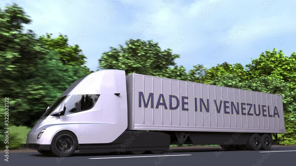 Modern electric semi-trailer truck with MADE IN VENEZUELA text on the side. Venezuelan import or export related loopable 3D animation