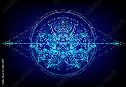 Vector ornamental Lotus flower, ethnic art, patterned Indian paisley. Hand drawn illustration. Invitation element. Tattoo, astrology, alchemy, boho and magic symbol. Gradient over black.