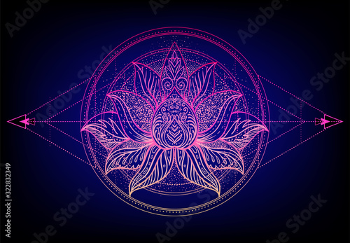 Vector ornamental Lotus flower, ethnic art, patterned Indian paisley. Hand drawn illustration. Invitation element. Tattoo, astrology, alchemy, boho and magic symbol. Gradient over black.
