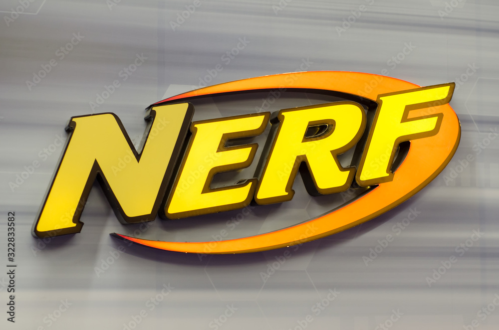 Kyiv, Ukraine - March 24, 2018: NERF Logo. Nerf (trademarked in capitals as  NERF) is a toy brand created by Parker Brothers and currently owned by  Hasbro. Stock Photo | Adobe Stock