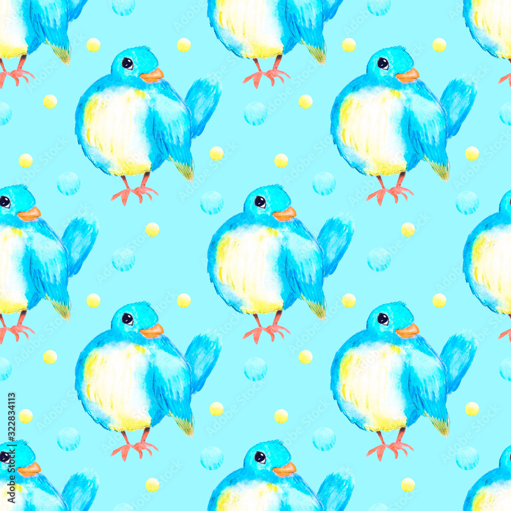 Hand-drawn watercolor blue bird on a blue background with dots. Seamless pattern for fabric,invitations, wrapping paper, cards and other materials.