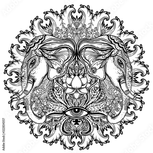 Elephant. Hindu Lord Ganesha over ornate mandala pattern. Vector illustration. Vintage decorative. Hand drawn paisley background. Indian motifs. Tattoo, yoga, spirituality. Coloring book