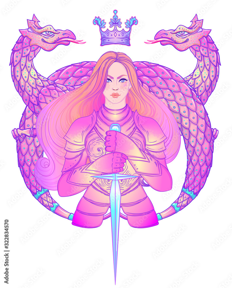 Portrait of beautiful girl with dragon. Female knight in armour. Vector ...