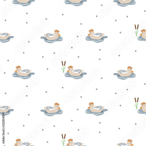 Seamless pattern with cute ducks on a pond. Cartoon style birds on a lake.