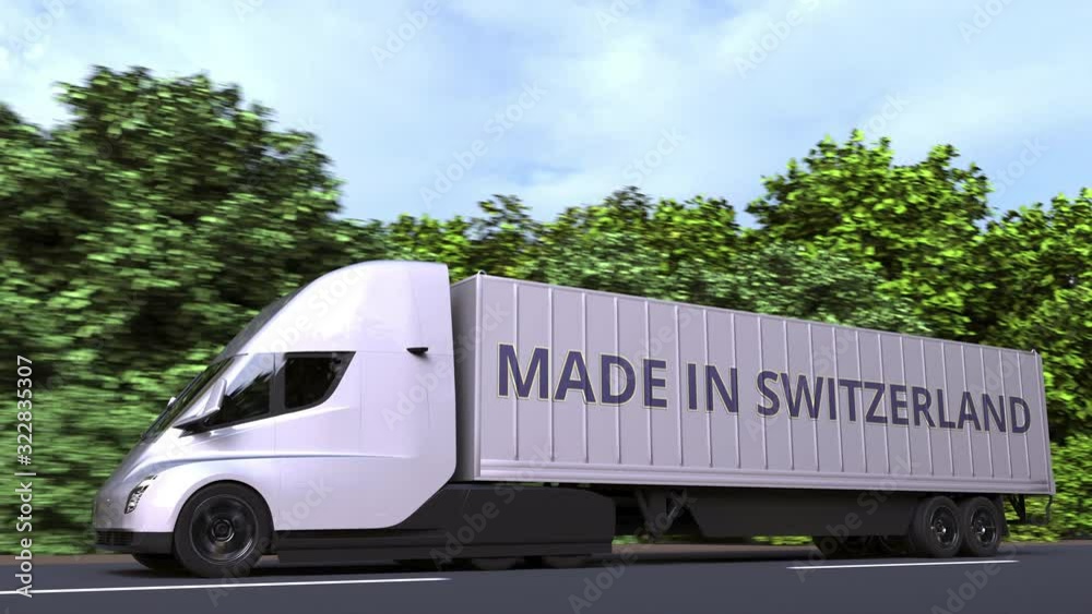 Modern electric semi-trailer truck with MADE IN SWITZERLAND text on the side. Swiss import or export related loopable 3D animation Modern electric semi-trailer truck with MADE IN SWITZERLAND text on the side. Swiss import or export related loopable 3D animation