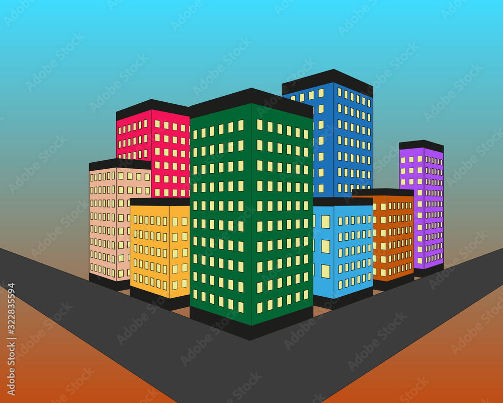 Vector illustration of night city with buildings, clouds and moon at the sky. Cityscape background in flat style. Skyline silhouette with yellow windows. Night view for banner, web design.