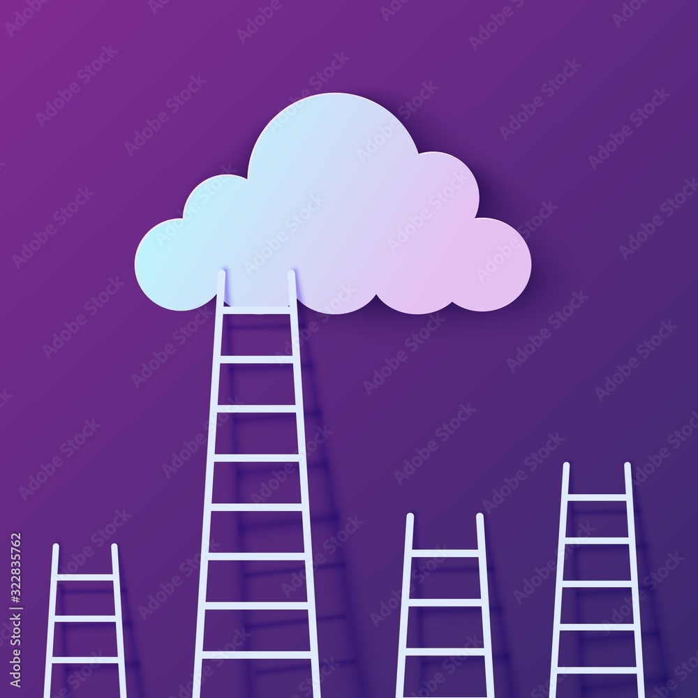 Ladder leading to cloud in paper cut style. Staircase of opportunities. Night purple sky with gradient cloud. Vector elements for motivational poster concept template of creative business success card Ladder leading to cloud in paper cut style. Staircase of opportunities. Night purple sky with gradient cloud. Vector elements for motivational poster concept template of creative business success card