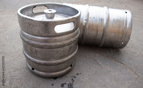 Beer kegs 50 liters. Warehouse. Indoors and outdoors. Silver colour.