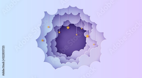 Night sky clouds round frame with stars on rope in paper cut style. Cut out 3d background with violet and blue gradient cloudy landscape papercut art. Vector card for wish good night sweet dreams