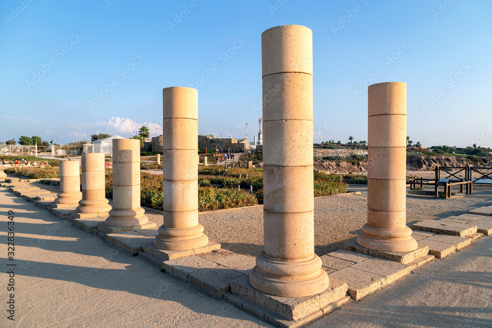 Old columns in the antique city of Caesarea, Israel