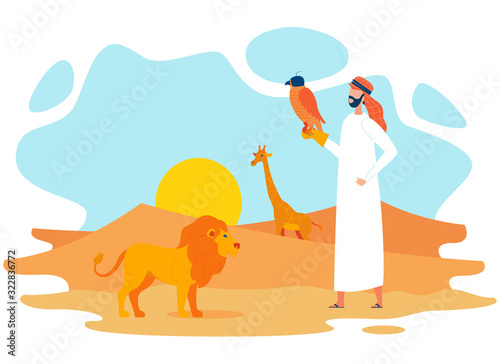 Bedouin with Hawk in Desert Flat Vector Character. Sand Dunes, Bright Sun on Horizon African Nature Landscape. Arab Wearing Traditional Clothes Cartoon Character. Human with Wild Animals