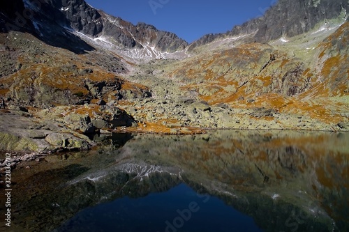 Reflection on the water surface on the Big Spisske lake in the High Tatras.