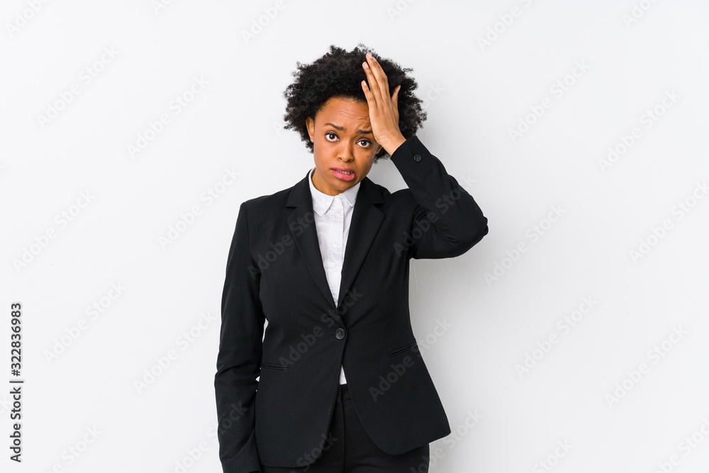 Middle aged african american business woman against a white background isolated being shocked, she has remembered important meeting. Middle aged african american business woman against a white background isolated being shocked, she has remembered important meeting.