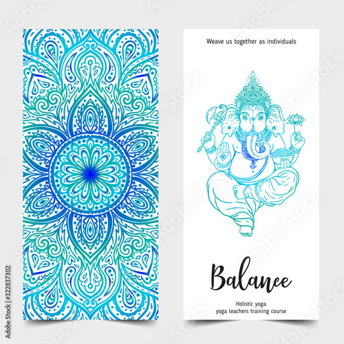 Hindu Lord Ganesha. Yoga card design. Colorful template for spiritual retreat or yoga studio. Ornamental business cards, oriental pattern. Vector illustration.