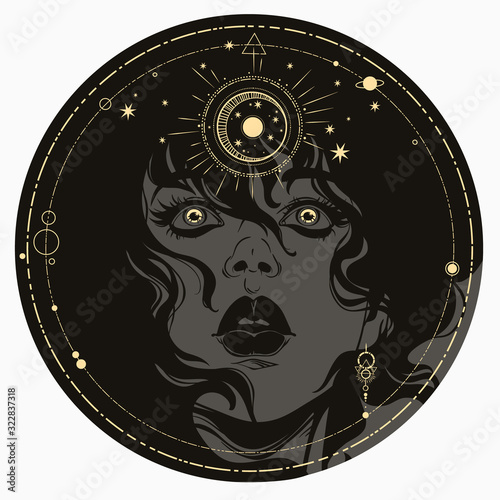 Mystical face of a girl with gold jewelry