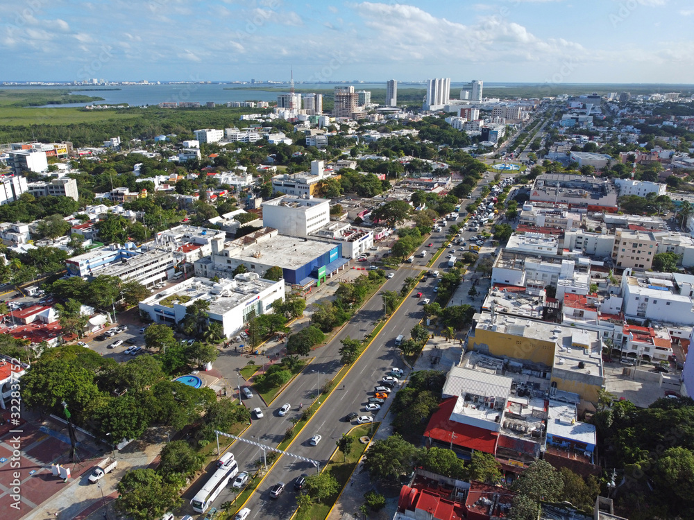 Avenida Tulum Avenue aerial view in downtown Cancun, Quintana Roo QR, Mexico.