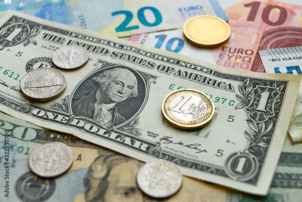 Euro and US dollars coins and banknotes