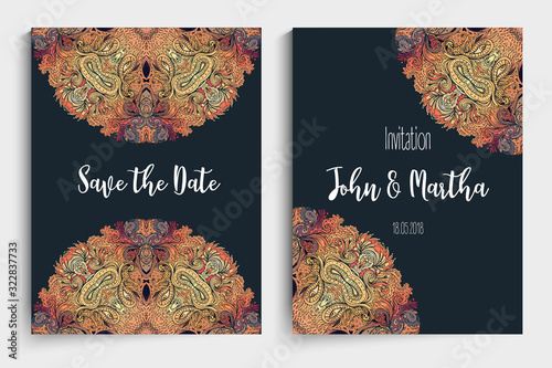 Stretch and Strength. Yoga card design. Colorful template for spiritual retreat or yoga studio. Ornamental business cards, oriental pattern. Vector illustration
