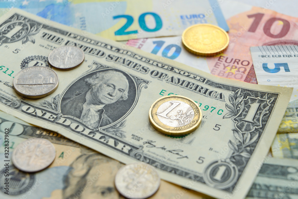Euro and US dollars coins and banknotes