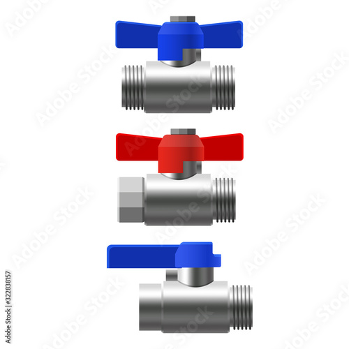 Set valves ball, fittings, pipes of metal piping system. Different types valves water, oil, gas pipeline, pipes sewage