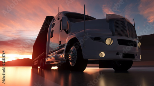 Big white semi - trailer truck closeup on asphalt road highway at sunset - transportation background. 3d illustration