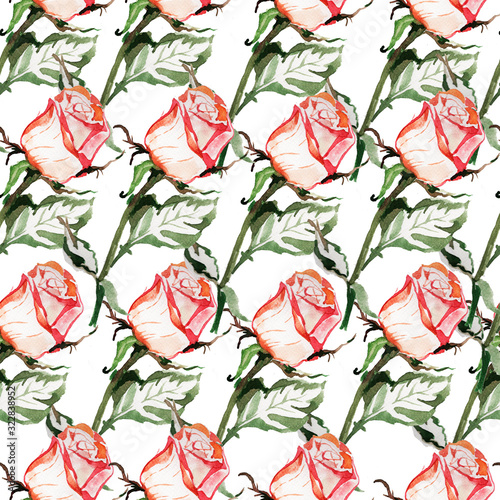 Seamless pattern. Roses  flowers  leaves  stems. Hand drawn watercolor illustration with roses. Red flowers in buds with leaves. Composition in a circle on a white background. Blooming  spring  summer
