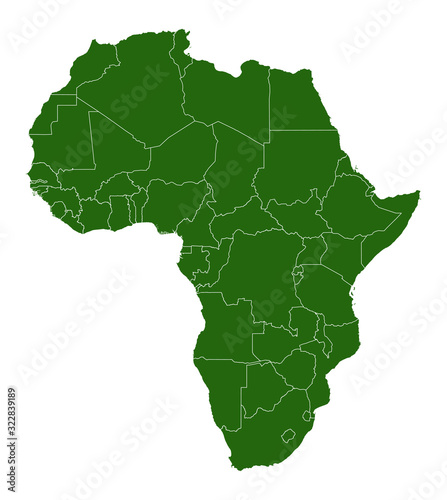 Map of the continent of Africa. Green silhouette with country borders. White background with country names. Equatorial Guinea and Gabon and Botswana and Algeria and South Africa and Egypt. Vector.