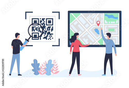 QR code concept. Navigation using code scanning. Young people scan and look for a road on a city map. Flat vector illustration isolated on white background.