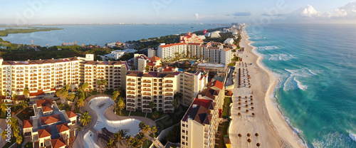 Cancun beach and hotel zone aerial view, Cancun, Quintana Roo QR, Mexico.