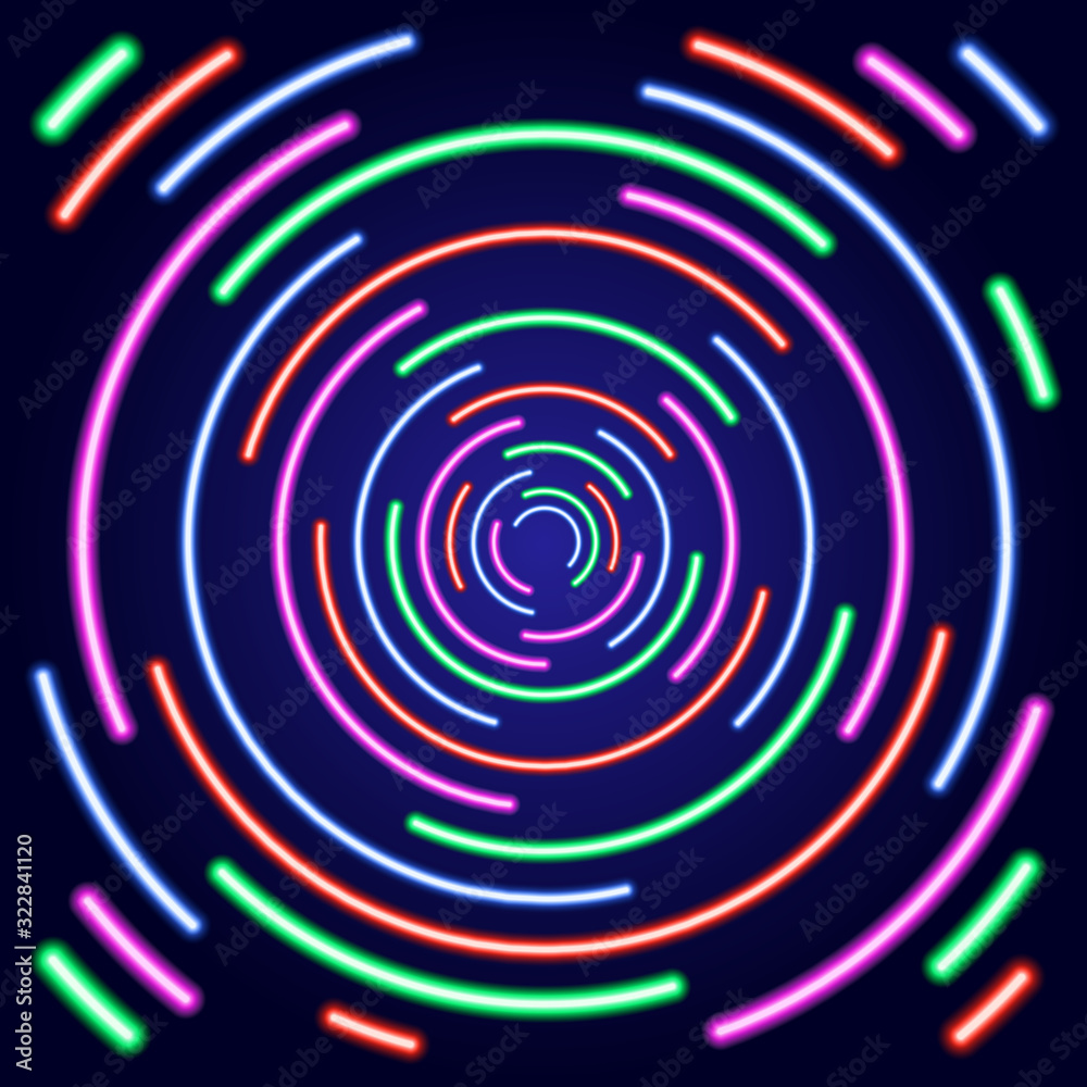 Fototapeta premium Concentric circles broken abstract from glowing multicolored neon luminescence lines on blue background. Vector illustration.