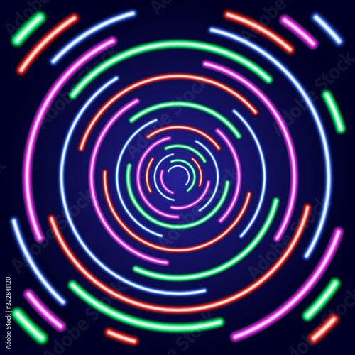 Concentric circles broken abstract from glowing multicolored neon luminescence lines on blue background. Vector illustration.