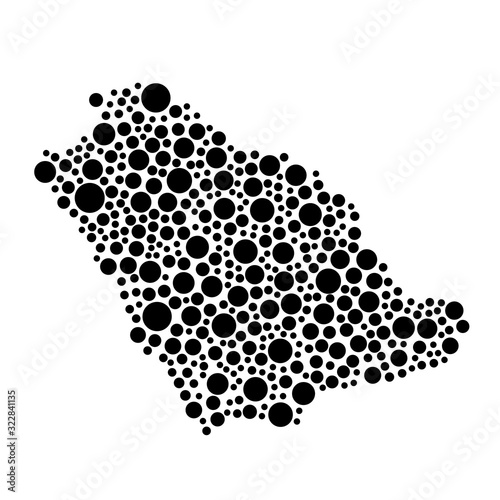 Saudi Arabia map from black circles of different diameters or spots, blotches, abstract concept geometric shape. Vector illustration.