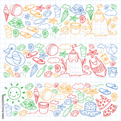 Vector set of beach icons for summer posters, banners. Sea, ocean vacations. Kids drawing style.
